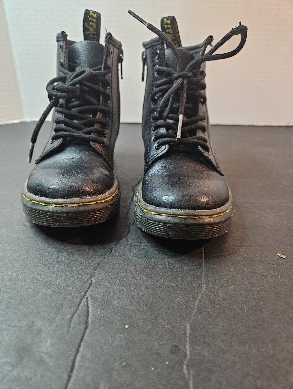 Childs Size 11 Black Combat Boots with Yellow Stitching  Doc Martens
